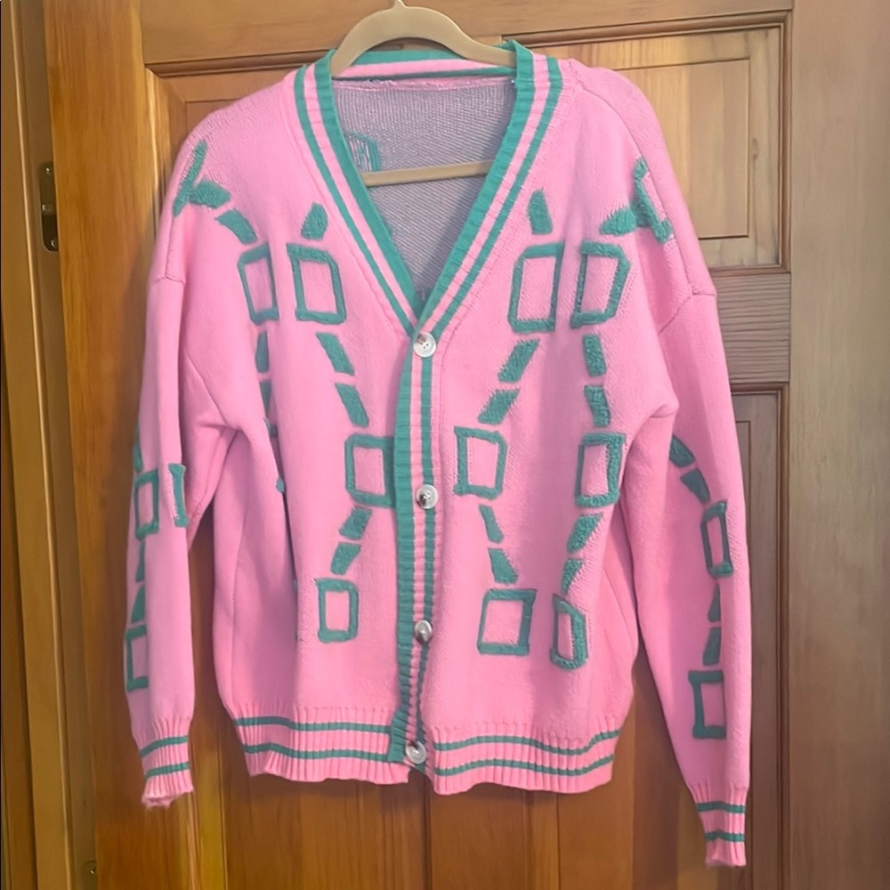 Pink and Teal Patterned V-Neck Cardigan Sweater XXL mint